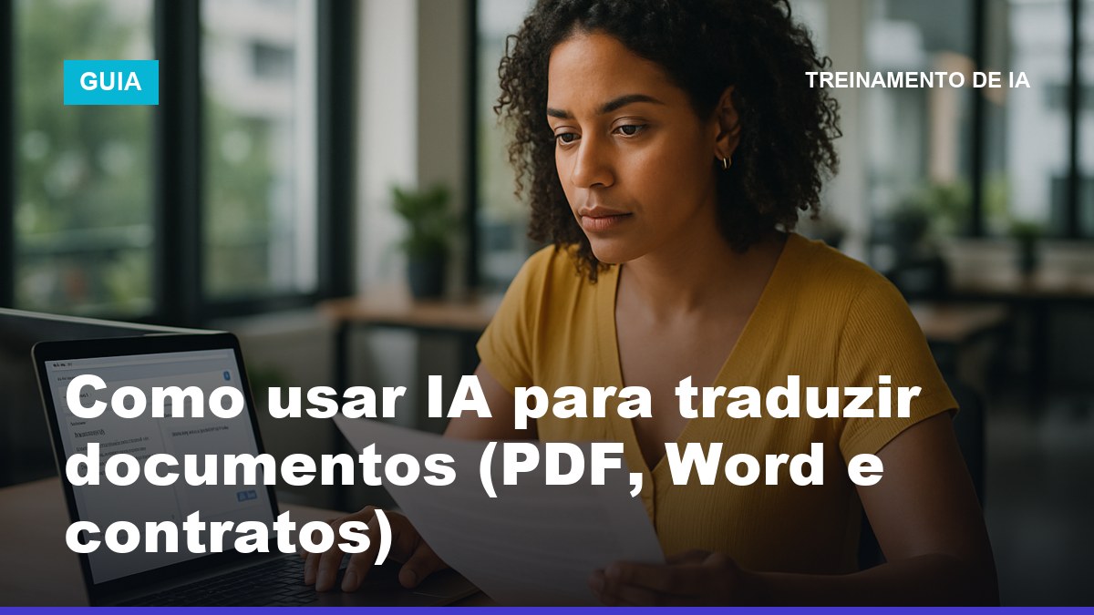 Profissional brasileira usando IA para traduzir documento PDF no notebook em escritório