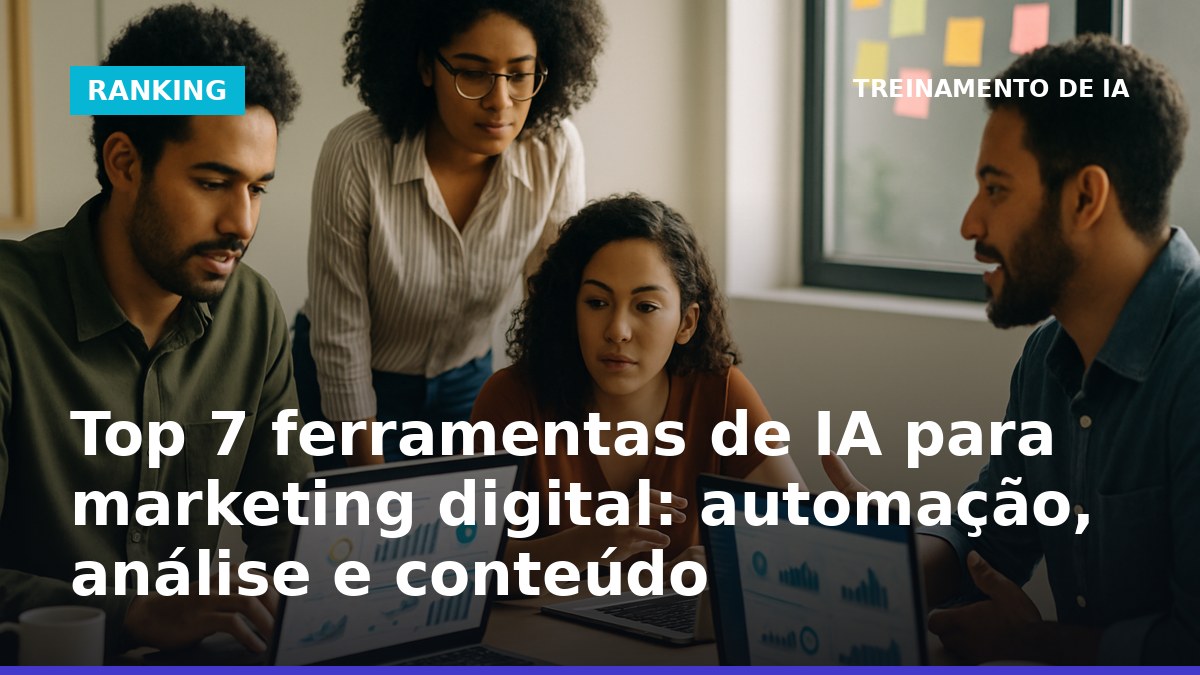 Profissionais de marketing digital usando ferramentas de IA em escritório no Brasil